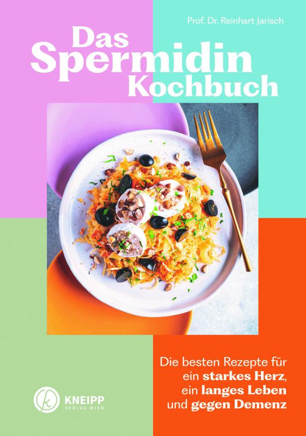 Das Cover des Buches „Das Spermidin Kochbuch“ von Prof. Dr. Reinhart Jarisch mit einem Gericht auf einem Teller.