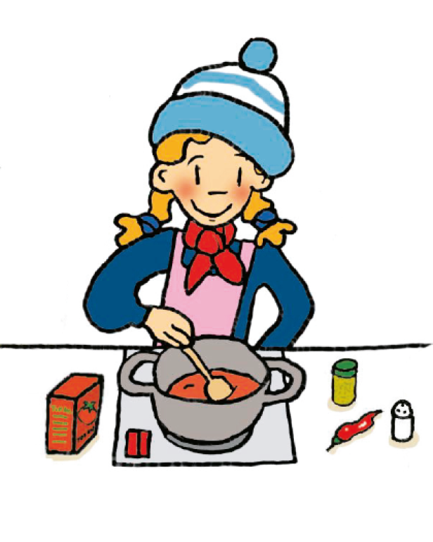 Ein Mädchen mit Zöpfen und Mütze kocht eine rote Soße in einem Topf.