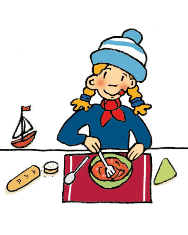 Ein gezeichnetes Mädchen im Matrosenlook isst eine Mahlzeit mit Brot und einem kleinen Segelboot im Hintergrund.