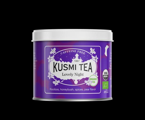 Eine Dose „Kusmi Tea Lovely Night“, eine koffeinfreie Kräuterteemischung.