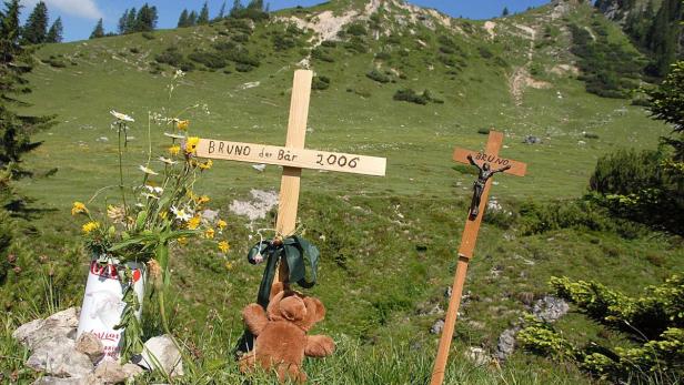 Eine Gedenkstätte für „Bruno der Bär“ mit Kreuzen, Blumen und einem Teddybär vor einer Berglandschaft.