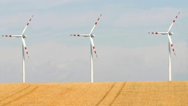 Drei Windräder stehen auf einem Feld mit reifem Getreide.