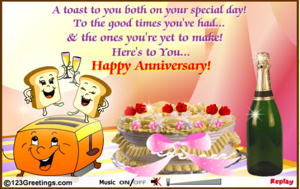 Ein animiertes Bild zum Jahrestag mit Toast, Kuchen und Champagner.