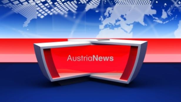 Ein Nachrichtenstudio mit dem Schriftzug „AustriaNews“ vor einer Weltkarte.