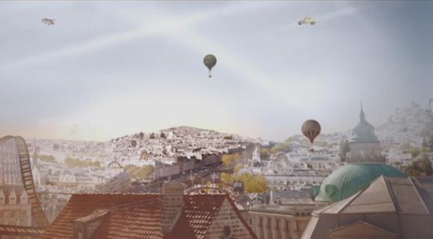 Luftschiffe und Ballons über einer europäischen Stadtlandschaft.