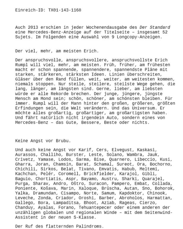 Eine Mercedes-Benz-Anzeige aus dem Jahr 2013 mit dem Titel „Der viel, mehr, am meisten Erich“.