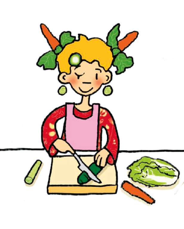Eine Illustration von Lilli, die Gemüse für ihr Rezept schneidet.