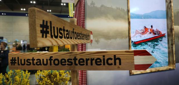Lust auf Österreich Schild auf der Ferien-Messe Wien
