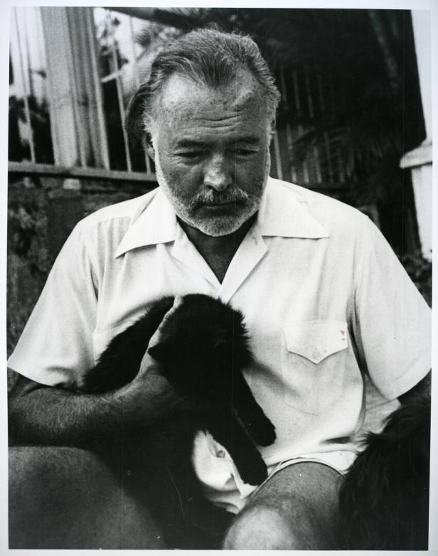 Ernest Hemingway hält eine Katze im Arm.
