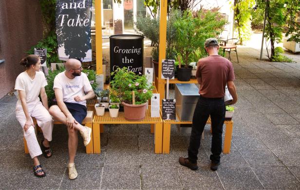Zwei Personen sitzen vor einem Regal mit Pflanzen der „Growing the City Farm“.