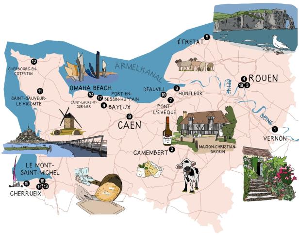 Eine illustrierte Karte der Normandie mit verschiedenen Sehenswürdigkeiten.