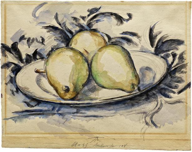 Drei Birnen auf einem Teller, ein Aquarell von Paul Cézanne.