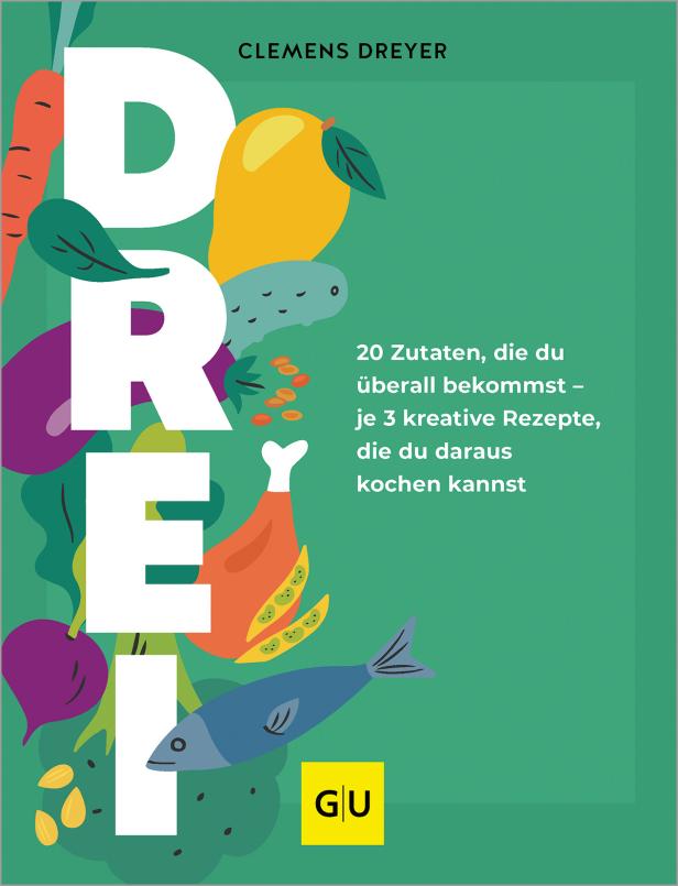 Das Cover des Kochbuchs „Drei“ von Clemens Dreyer mit Illustrationen von Zutaten.