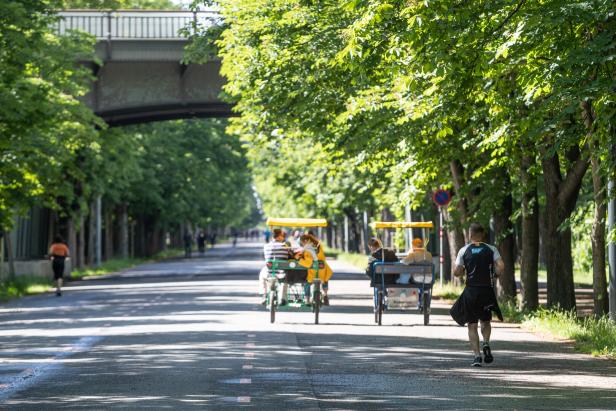 Auf einer von Bäumen gesäumten Straße fahren Rikscha-Fahrräder, während ein Mann joggt.