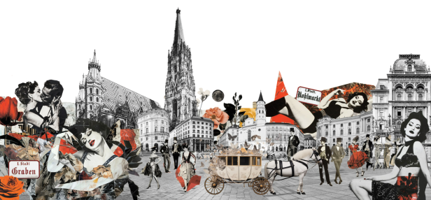 Eine Collage mit Sehenswürdigkeiten und Menschen in Wien, darunter der Stephansdom und der Graben.