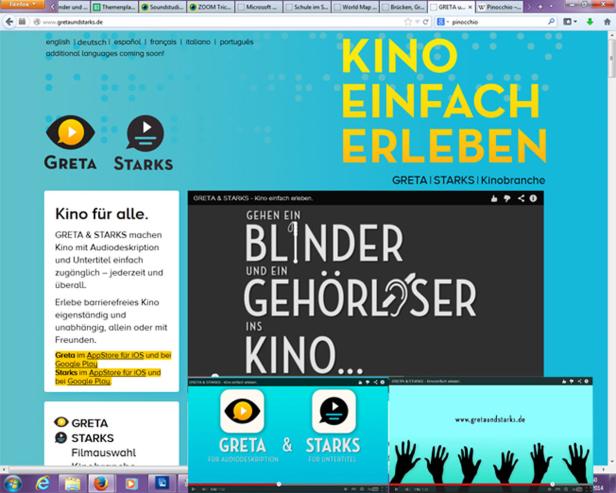 Die Webseite von Greta & Starks wirbt für barrierefreies Kino mit Audiodeskription und Untertiteln.