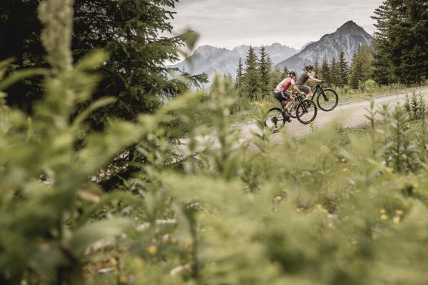 Zwei Mountainbiker fahren eine Bergstraße in Imst hinauf, Wald und Wiese im Vordergrund, Berggipfel im Hintergrund