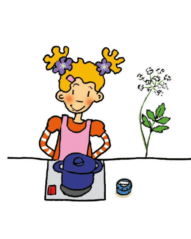 Ein Cartoon-Mädchen mit blonden Zöpfen steht am Herd und kocht.
