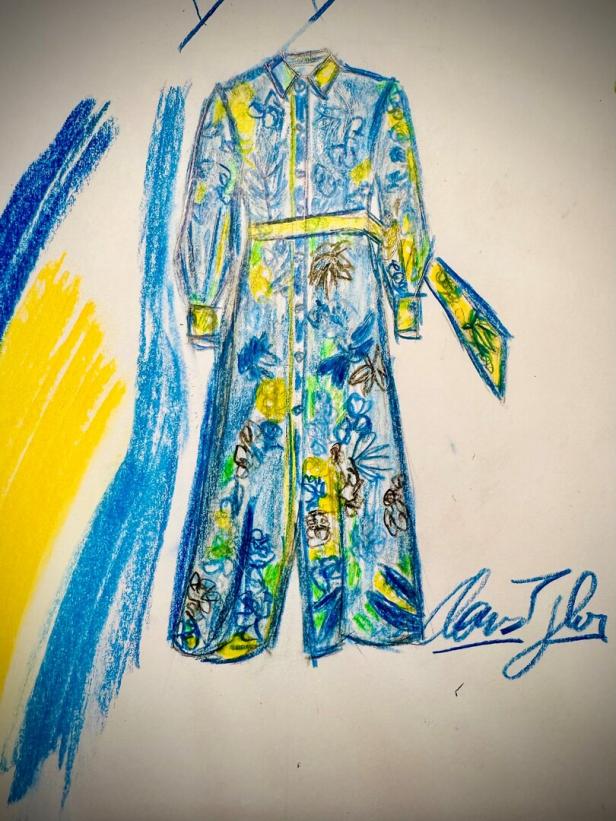 Eine Skizze eines blau-gelb gemusterten Overalls mit Gürtel.
