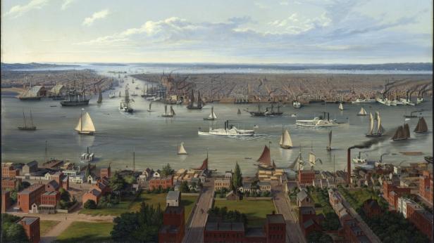 Eine historische Ansicht von New York City mit zahlreichen Schiffen im Hafen.