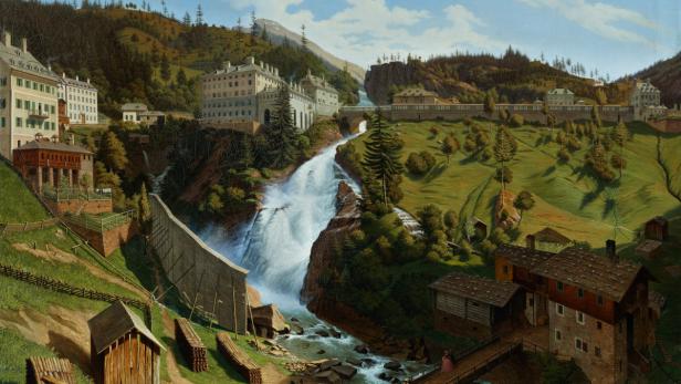 Ein Gemälde der Krimmler Wasserfälle, umgeben von Gebäuden und grüner Landschaft.