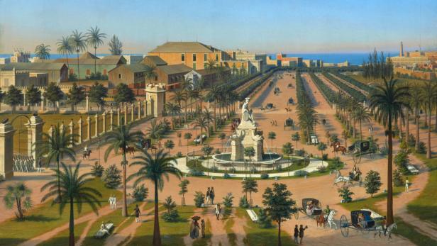 Eine belebte Parkanlage mit Palmen, Kutschen und einer großen Fontäne.