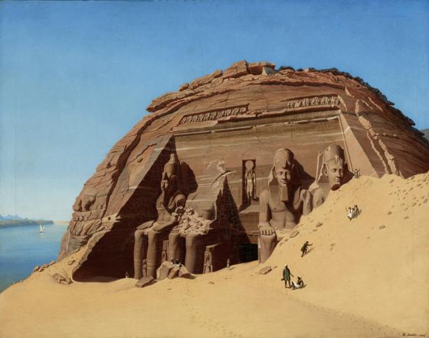 Das Gemälde zeigt den großen Tempel von Abu Simbel in Ägypten mit Statuen und Besuchern.