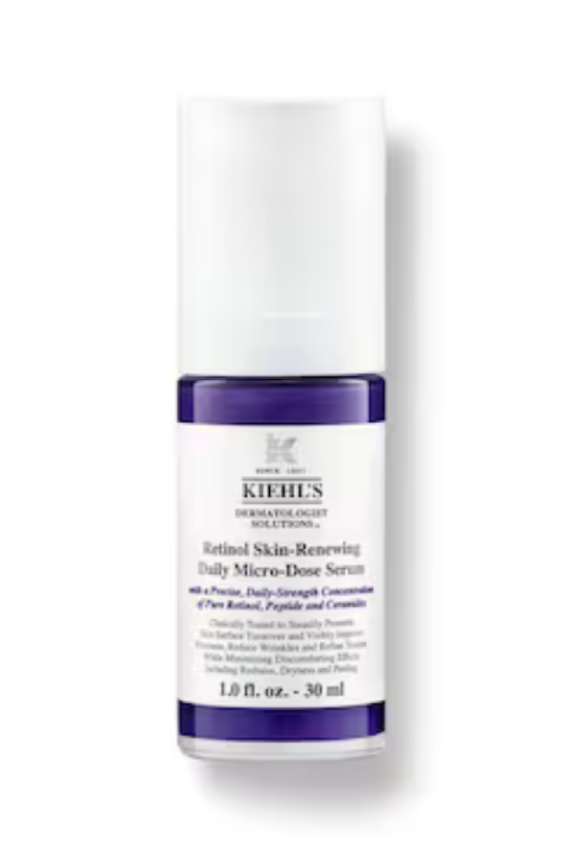 Eine Flasche Kiehl's Retinol Skin-Renewing Daily Micro-Dose Serum mit weißem Verschluss und lila Etikett.