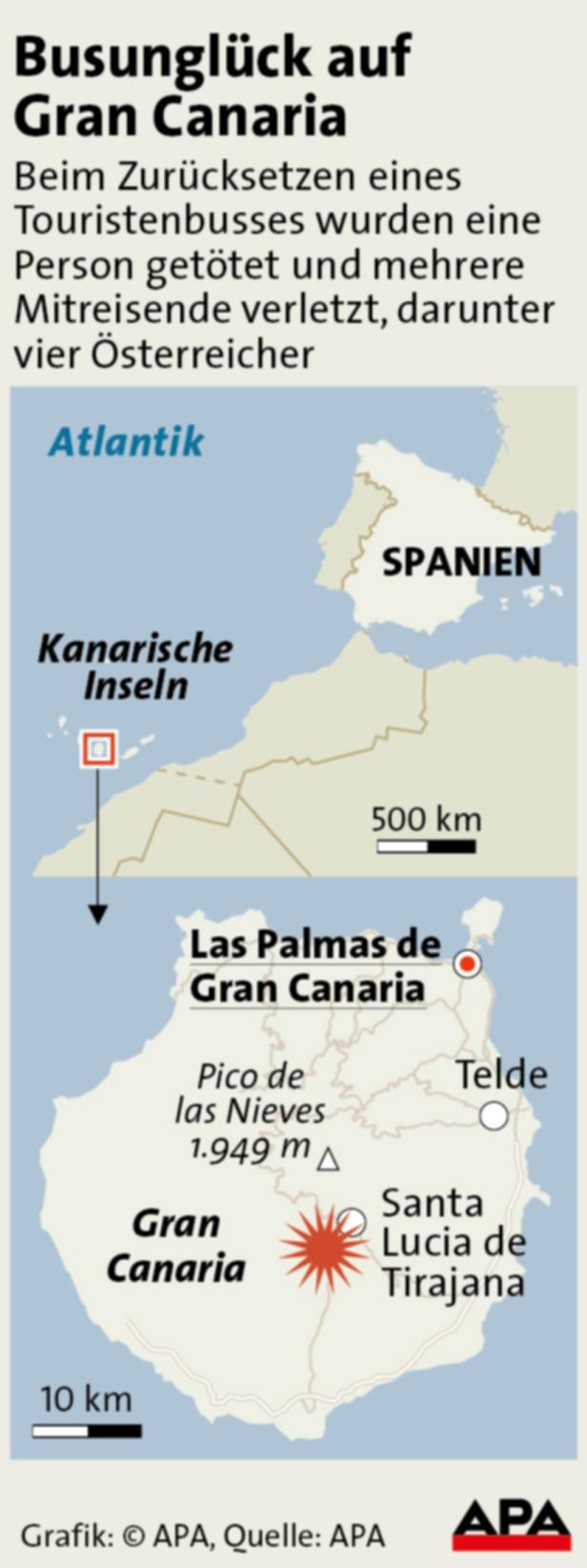 Eine Karte von Gran Canaria, die die Lage des Busunglücks in Santa Lucia de Tirajana zeigt.