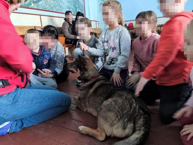 Therapiehund Busia besucht ein Flüchtlingscamp in Vinnytsia, Ukraine.