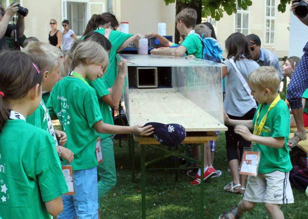 Eine Gruppe Kinder in grünen T-Shirts steht um einen Tisch mit einer transparenten Konstruktion herum.