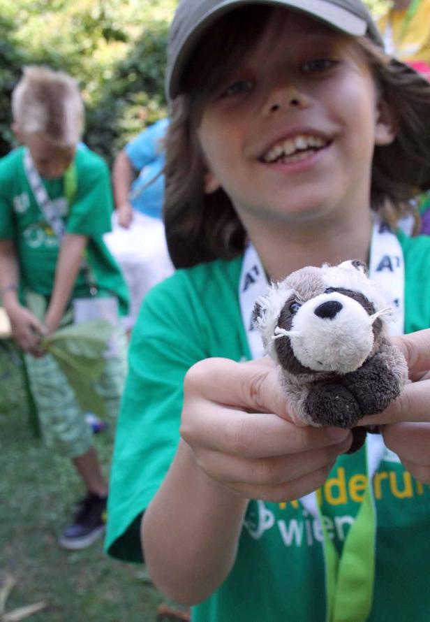 Ein lächelnder Junge hält ein Stofftier-Waschbär in seinen Händen.