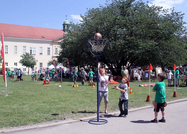 Kinder spielen auf einer Wiese mit einem Ball und einem Basketballkorb.