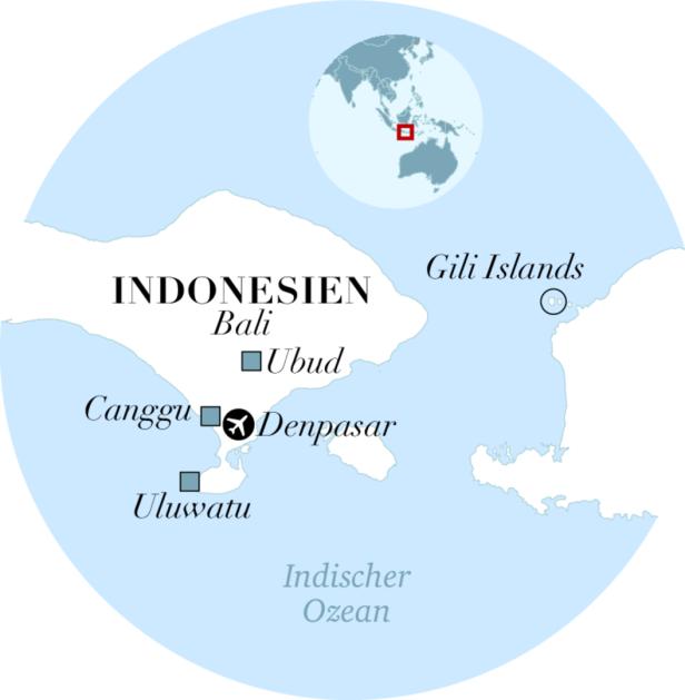 Eine Karte von Indonesien, die die Insel Bali und die Gili-Inseln zeigt.