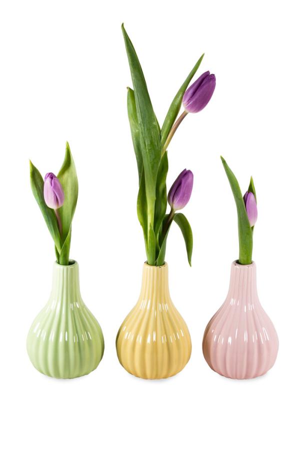 Drei bauchige Vasen in Grün, Gelb und Rosa mit je einer lila Tulpe darin.