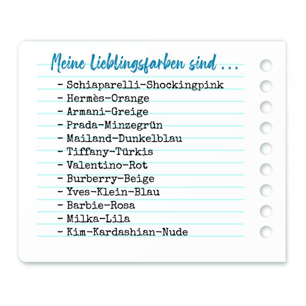 Eine Liste mit „Meine Lieblingsfarben sind…“ und Markennamen, die mit Farben verbunden sind.