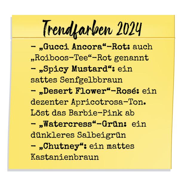Eine Notiz listet die Trendfarben für 2024 auf, darunter „Gucci Ancora“-Rot und „Spicy Mustard“.