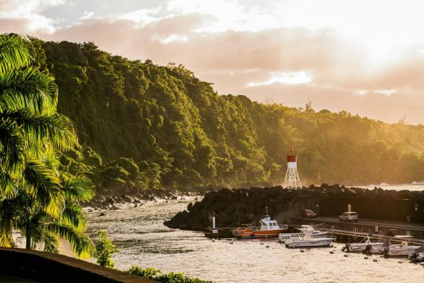Blick auf den Hafen von La Réunion mit einem Leuchtturm und üppiger Vegetation.