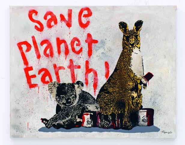 Ein Gemälde mit einem Koala, einem Känguru und der Aufschrift „Save Planet Earth“.