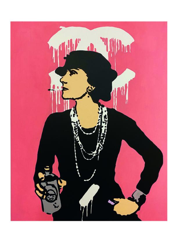 Eine stilisierte Darstellung von Coco Chanel mit Spraydose vor dem Chanel-Logo.