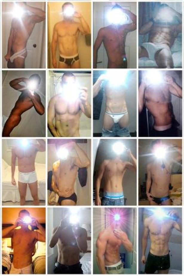 Eine Collage von Selbstporträts eines Mannes mit freiem Oberkörper.