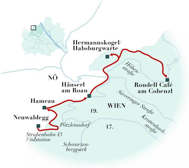 Eine Karte von Wien mit einer eingezeichneten Route vom Stadtrand zum Hermannskogel.
