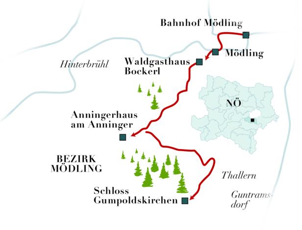 Eine Karte des Bezirks Mödling mit eingezeichnetem Wanderweg von Mödling nach Gumpoldskirchen.