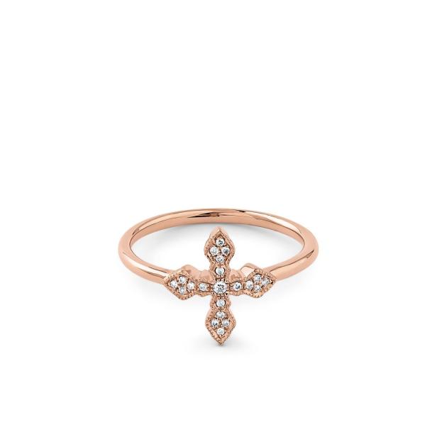 Ein goldener Ring mit einem Kreuz, das mit kleinen Diamanten besetzt ist.