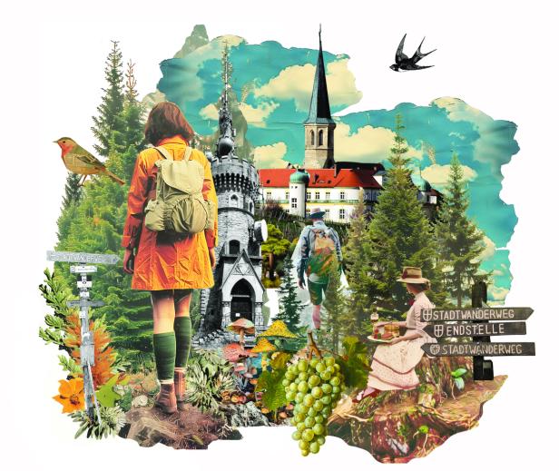 Eine Collage zeigt Wanderer, eine Kirche, einen Turm und Naturmotive.