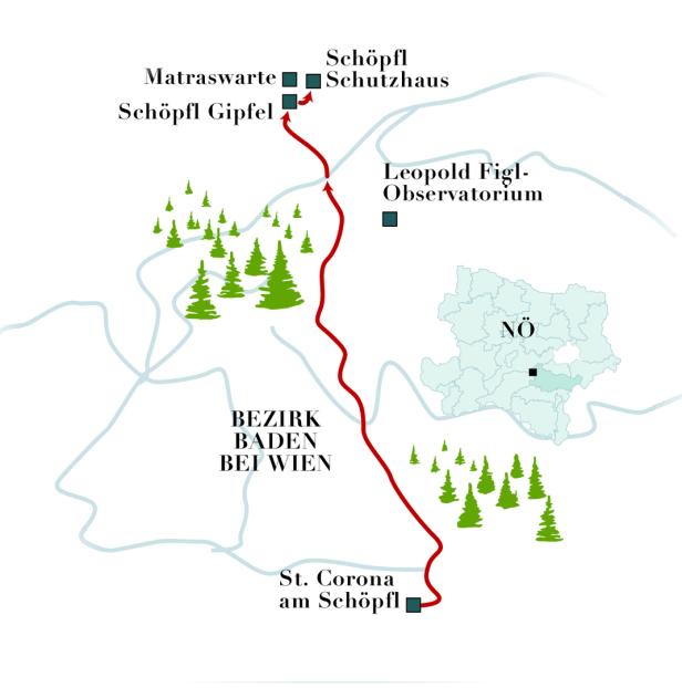Eine Karte des Bezirks Baden bei Wien mit eingezeichnetem Wanderweg von St. Corona am Schöpfl zum Schöpfl Schutzhaus.