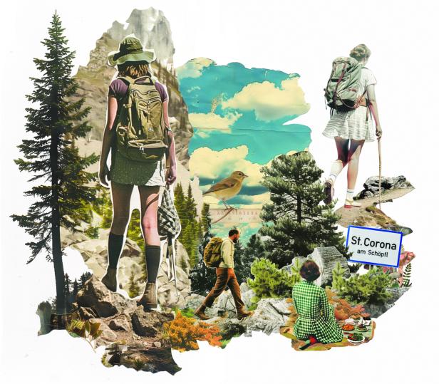 Eine Collage zeigt Wanderer in einer Waldlandschaft mit dem Schild „St. Corona am Schöpfl“.
