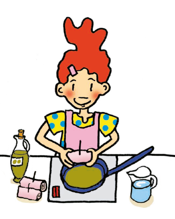 Eine Frau mit roten Haaren brät etwas in einer Pfanne.