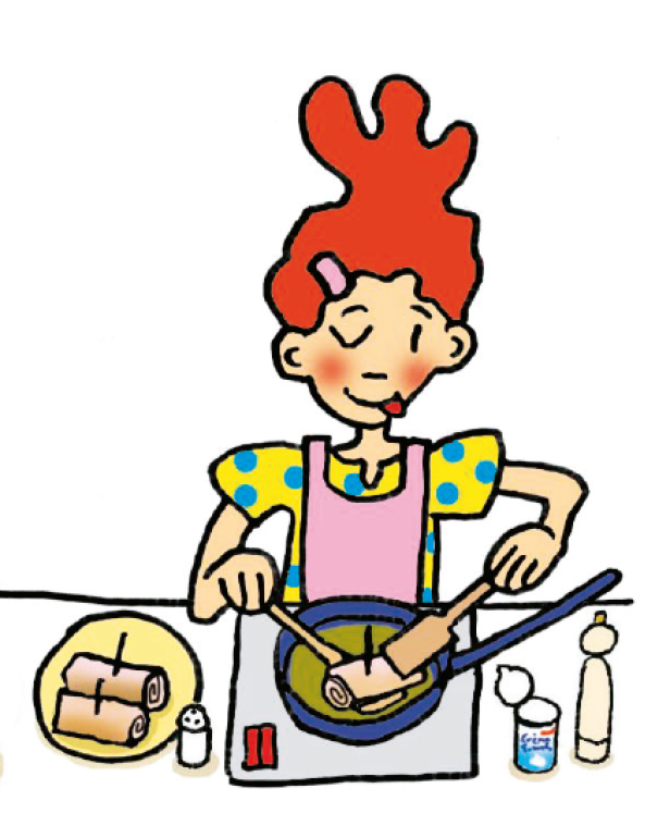 Eine Frau mit roten Haaren brät Pfannkuchen in einer Pfanne.
