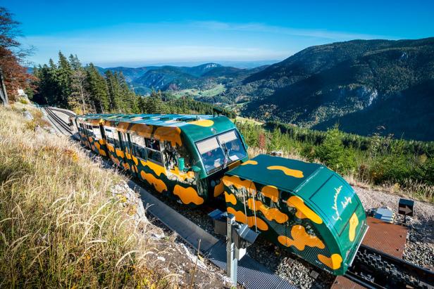 Der Salamanderzug der Schneebergbahn vor einer Berglandschaft.